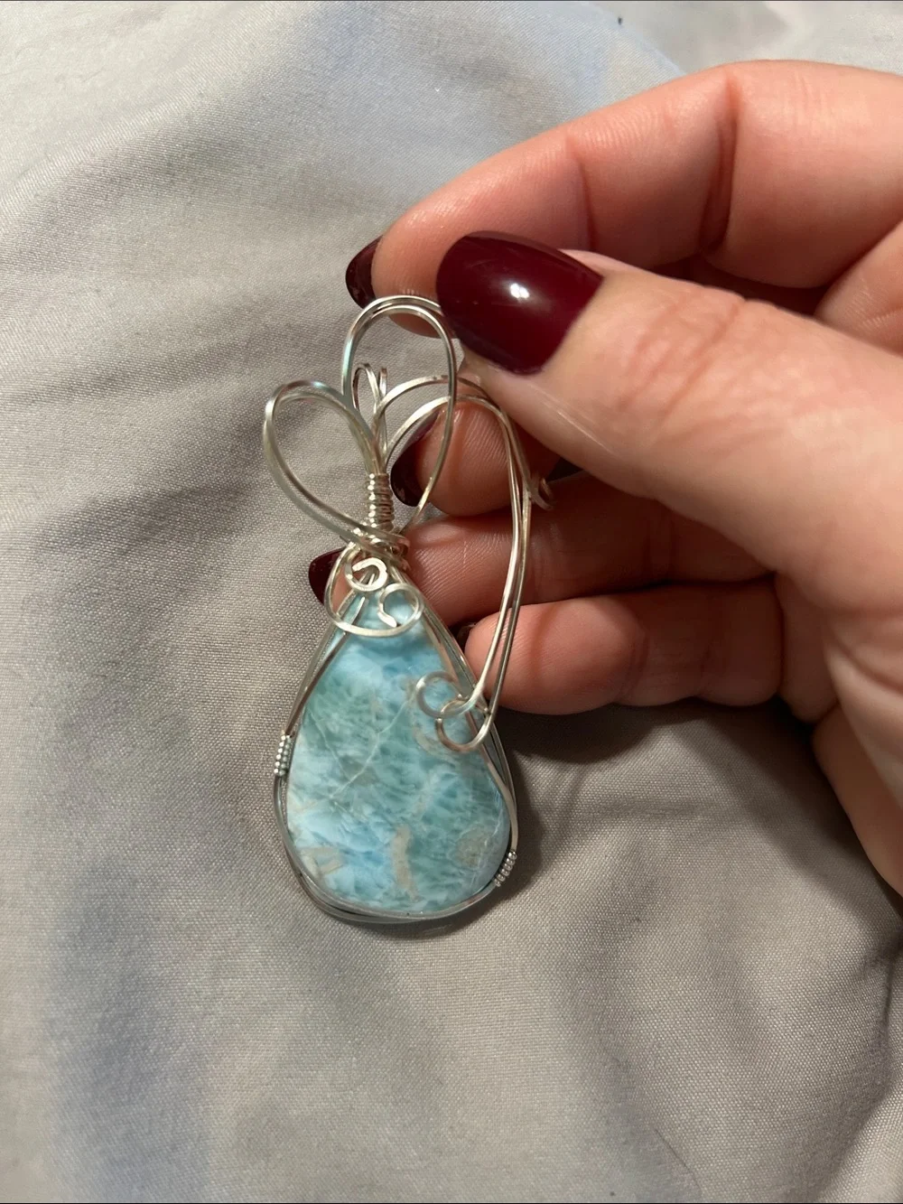 Handcrafted Silver Wire Larimar Teardrop Pendant - Light Blue